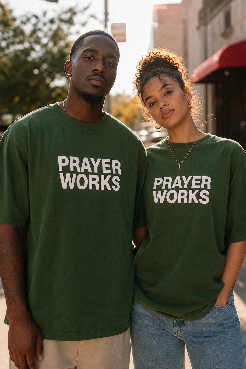 Models wearing Prayer Works tees